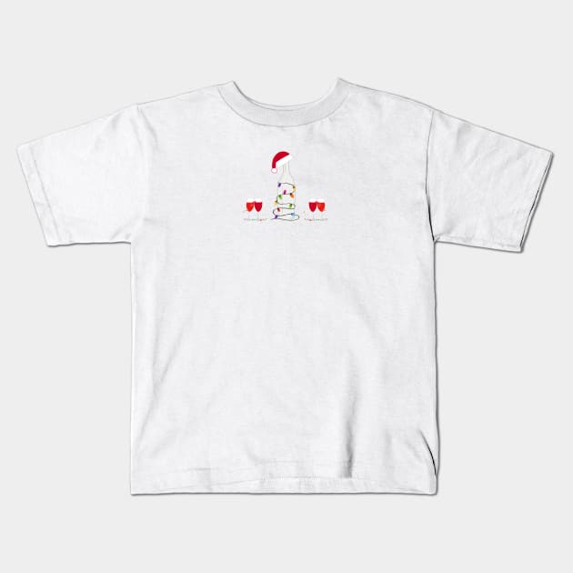 Christmas champagne bottle with colorful light bulb and Santa Claus hat. Wine glass and cocktail party Kids T-Shirt by GULSENGUNEL